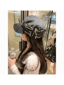 Mũ lưỡi trai kiểu Mỹ cổ điển, chất liệu denim mài, đỉnh bằng phẳng, đính đinh tán, kiểu dáng độc đáo, thích hợp cho người có đầu to hoặc khuôn mặt to. - mũ bóng chày - Xem 1