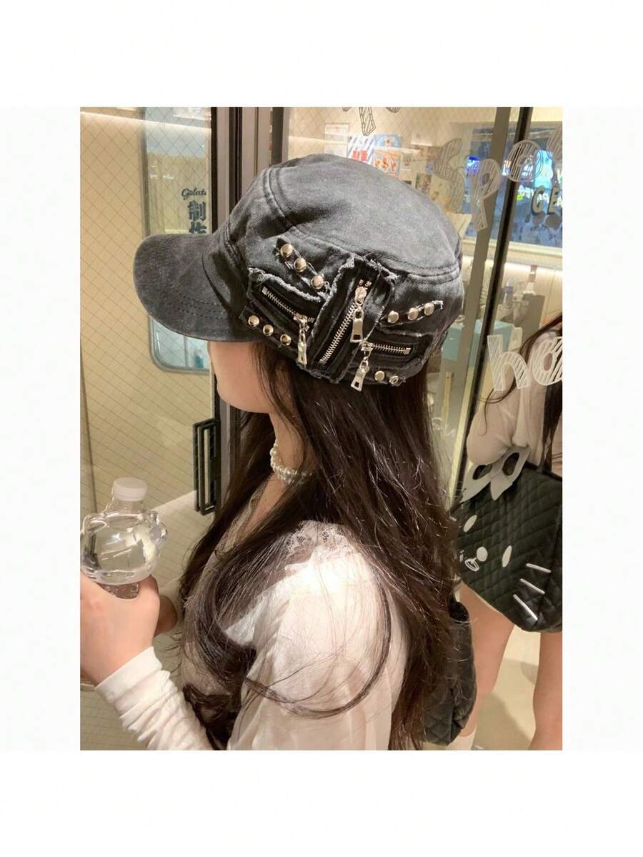 Mũ lưỡi trai kiểu Mỹ cổ điển, chất liệu denim mài, đỉnh bằng phẳng, đính đinh tán, kiểu dáng độc đáo, thích hợp cho người có đầu to hoặc khuôn mặt to. - mũ bóng chày - Xem 1