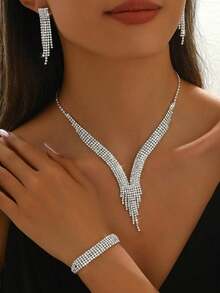 4pcs Jewelry Set For Women: Tassel Necklace, Earrings, Bracelet, Simple Geometric Style, Bride Wedding Party Outfit - 銀色 - 查看 5