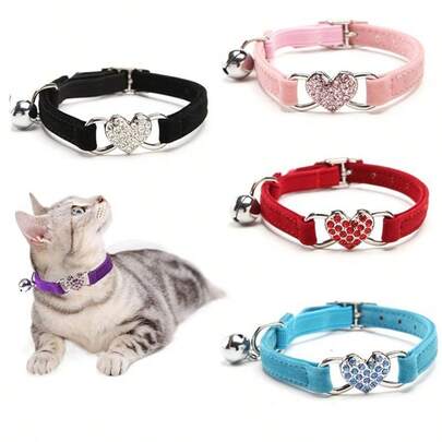 1pc Heart-Shaped Rhinestone Velvet Bell Cat Collar