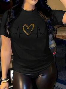 Camiseta con Estampado de Corazón para Mujer, Elegante, Casual, Cómoda y Adecuada para Deportes - Negro - Ver 5