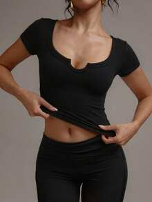 XLLAIS Summer Open Collar Short Sleeve Elastic Fitted Top Casual - Black - View 8