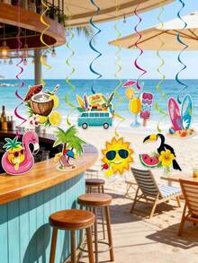 16pcs/1set Hawaiian Luau Birthday Party Hanging Swirl Decor,Summer Beach Party Hanging Decor,Hawaiian Party Decor,Tropical Palm Flamingo Hanging Swirls Streamers Beach Theme Decorations For Summer Birthday Wedding Hawaii Theme Party Supply. - A - View 5