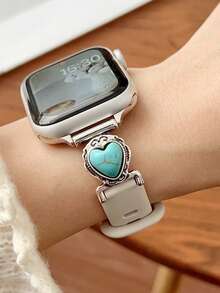 1條復古心形綠松石拼接矽膠錶帶，適用於Apple Watch 38mm 40mm 41mm 42mm 44mm 45mm 49mm，女款波希米亞風手鍊錶帶，適用於 Series 11 Ultra 3 SE3 Ultra 2 S10 SE2 9 8 7 SE 6 5 4 3 2 1 - 杏色 - 查看 4