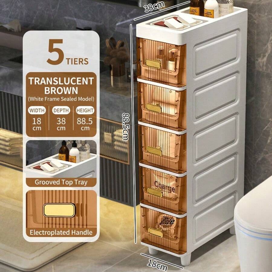 3/4/5-Tier Ultra-Slim Plastic Storage Cabinet, Bathroom Niche Cabinet, Large-Capacity Bathroom Storage Cabinet, Luxury-Style Bathroom Shelving, Floor-Standing Shelving For Beside The Toilet, Storage Cabinet; Suitable For Use In Offices As A Drawer-Style Document Organizer, Ideal For Narrow Corners In Studios, And Also Suitable For Living Rooms, Bedrooms, Or Bathrooms - 棕色的 - 查看 1