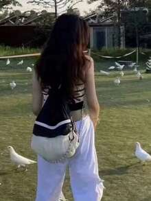 韓式甜酷美式仿浣熊圖騰印花大容量通勤戶外日常購物百搭女款後背包 - 黑色 - 查看 4