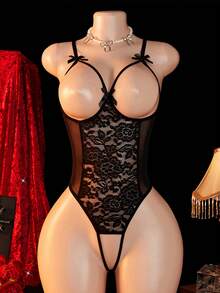 新款纯色蕾丝性感女士内衣套装，胸部镂空设计，可调节蝴蝶结肩带，胸环和开裆设计，性感连体衣，适合狂欢节、情人节惊喜礼物 - 黑色 - 查看 6