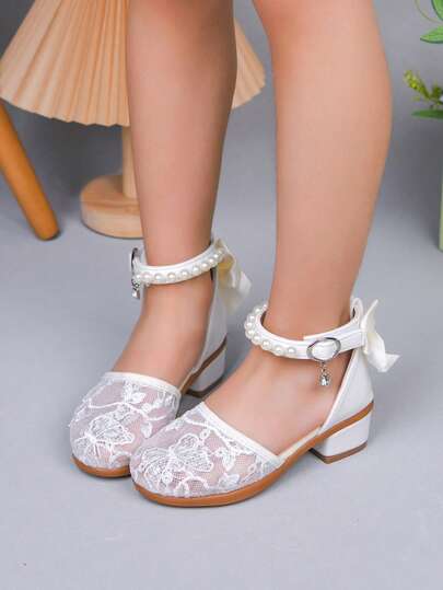 1 Pair Girls' Pearl Bow Mary Jane Shoes, Embroidered Mesh Breathable Lightweight, Suitable For Party, Performance, And Daily Wear