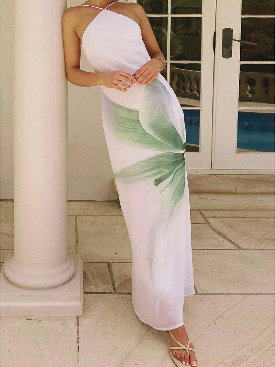 Vestido de verano estampado tipo chaleco para mujer - sin espalda, entallado - adecuado y a la moda, ideal para fiestas, playas, uso diario y vacaciones - Verde - Ver 1