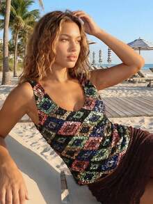 Women Sequin Tank Tops Slim Contrast Sparkly V Neck Sleeveless Vest Stylish Summer Streetwear - Negro - Ver 4