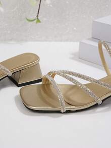 Sandal Hak Tebal Berhiaskan Rhinestone Gaya Prancis, Desain Musim Panas Terbaru dengan Tali Tipis, Melangsingkan, Modis, Serbaguna, Hak Tinggi yang Elegan - Emas - View 6