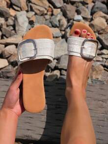 Women Apricot Buckle Detail Flat Slide Sandals, Fashionable Open Toe Mules For Daily,Spring Summer Outfits - Màu be - Xem 4