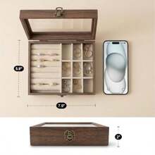 Small Wooden Ring And Earring Organizer Box Case Display Case With HD Glass Lid Velvet Lining Organizer For Women Rings Earrings Bracelets Brooches Compact Size Jewelry Box For Traveling - 紫丁香色 - 查看 4