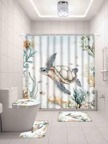 Bộ 4 món đồ dùng phòng tắm cao cấp họa tiết rùa san hô dưới nước, bao gồm rèm tắm, 12 móc nhựa, thảm chống trượt phòng tắm, nắp bồn cầu hình chữ U, phụ kiện trang trí phòng tắm hiện đại. - A - Xem 15