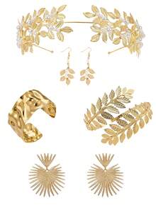 Bộ trang sức nữ thần 7 món, bao gồm băng đô lá, vòng tay lá, vòng tay hở, bông tai ngọc trai, thích hợp cho phụ nữ mặc hàng ngày, đám cưới, lễ đính hôn. - 7 chiếc - Xem 9