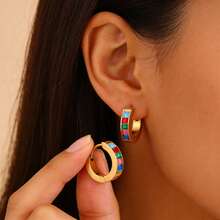 1 Pair Zirconia Inlaid Small Hoop Earrings, Minimalist Fashion Round Earrings, Luxury Style Suitable For Daily Commute For Women - Multicolor - View 3