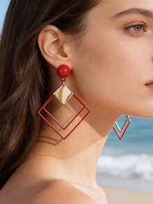 imoli 1 par de pendientes aro de forma geométrica cuadrada y redonda, de cobre retro y elegante, regalo para mujeres - 9814-3-rojo - Ver 2