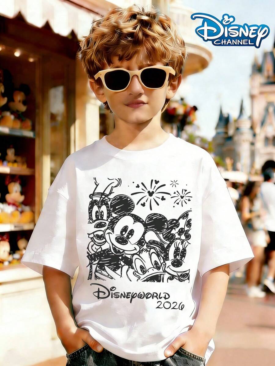 Disney 2026 Black And White Hand-Painted T-Shirt, Featuring Mickey And Minnie Mouse Flying High And Donald Duck Clustered In Print, Paired With Fireworks And Disneyworld Lettering, Retro And Minimalist Print Pattern Summer Tops,Short-Sleeved Casual And Cute Style  Children's Clothing Design, Boy Clothes For Kids ,Ropa Para Niños,Boy Clothes For Kids,Graphic Tee, Summer Clothes,Perfect For Cool Boy. Comfortable And Breathable Children's Short-Sleeved T-Shirt. Comfortable And Casual Wear All Year Round 180g Pure Cotton Children's Clothes,Comfortable & Lightweight, Iconic Print For Mix-And-Match Outfits,Suitable For Both Boys And Girls. - White - View 1