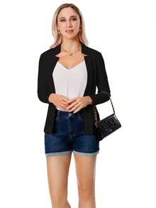 1pc Women's Solid Color Stand Collar Casual Cardigan Jacket, Suitable For Office, Spring And Autumn Black - Black - View 3
