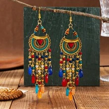 复古波西米亚风几何流苏串珠耳环，适合女性参加节日庆典 - 彩色的 - 查看 2