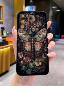 1个深色花卉蝴蝶图案防震手机壳，UV印刷，适用于三星/Galaxy/安卓机型 - 黑色 - 查看 1