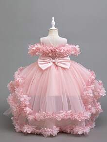 Luxury Children's Puffy Skirt, Off-Shoulder Floral Dress, Young Girl Birthday Party Trailing Dress - Pink - View 3