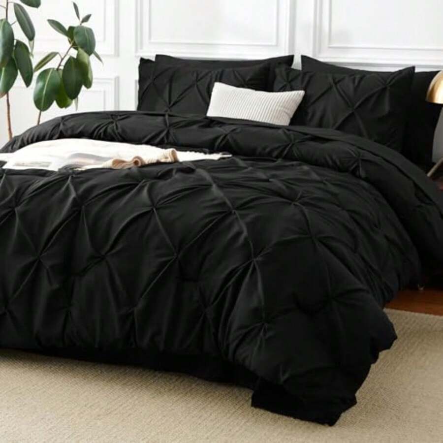 Queen Comforter Set Black 7 Pieces Pintuck Bed in A Bag Premium Black Comforter Queen Size Pinch Pleat Bedding Sets with Comforter Sheets Pillowcases and Shams - Negro - Ver 1