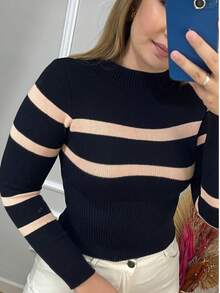 Women's Striped Winter Blouse, Modal Style, Cropped Top,  Long Sleeve, Blogger Style - Đen/Màu da - Xem 1
