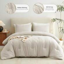 Beige Queen Comforter Set 3 Pieces Boho Solid Breathable Quilted Style Bedding Sets Luxury Fluffy Soft Bed Set with Down Alternative Comforter for All Season 1 Comforter and 2 Pillowcases - Beis - Ver 3