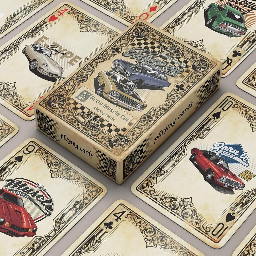 YFOPEN 复古汽车主题扑克牌，独特收藏卡牌，耐用材质，适合主题派对、化装舞会、收藏、桌面游戏和送礼。