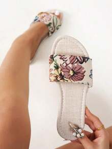 Flat Women Slippers Sandals, Minimalistic Elegant Flat Flower Printed Strap Slip-On,Spring Summer Outfits - Màu be - Xem 1