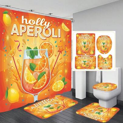 1pc/4pcs Orange Drink Themed Bathroom Decor Shower Curtain Set, Comes With 12 Free Hooks, Elegant Holiday Vibe, Bathroom Mat, U-Shaped Mat And Round Toilet Mat, Suitable For All Scenarios