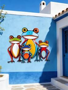 1 pièce Décoration murale en métal de famille de grenouilles 2D colorée - Style bohème imaginatif, décoration de grenouille vintage, convient pour la chambre d'enfant, le salon, le balcon, la boutique de fleurs, le zoo et le jardin, la décoration de la maison, la décoration du jardin, la décoration murale, cadeau idéal pour les amateurs de grenouilles et les familles - Famille de grenouilles colorées - Voir 3
