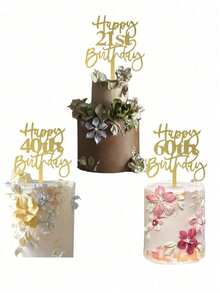 1个金色“生日快乐”蛋糕装饰插牌，亚克力材质，适用于18/21/30/40/50/60/70岁生日派对蛋糕装饰，亚克力生日蛋糕装饰，甜点桌装饰，烘焙用品，派对装饰，厨房必备，节日礼物，现代字母蛋糕装饰，送给家人和朋友的完美生日派对纪念品 - 多色 - 查看 3