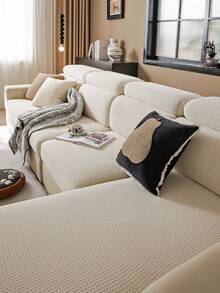 1件纯色毛绒沙发套，弹性包覆式设计，保暖舒适，简约ins风，宠物友好，防滑防污，弹力可拉伸，可机洗，适用于客厅、卧室、书房，单人、双人、三人、四人沙发（带扶手和靠背），四季皆宜。 - 米色 - 查看 8