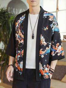 吉祥云龙印花宽松七分袖长袍，男士休闲开衫 - 黑色 - 查看 1