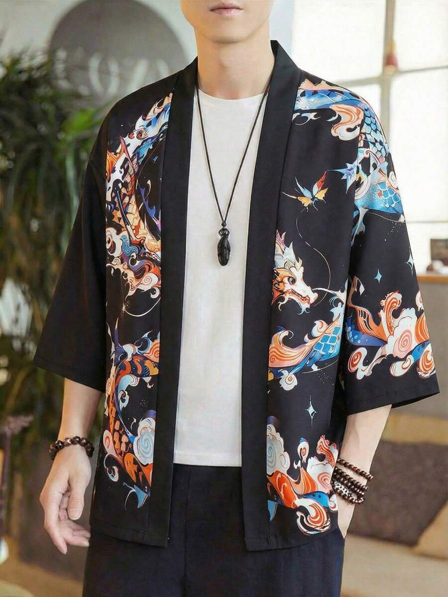 吉祥云龙印花宽松七分袖长袍，男士休闲开衫 - 黑色 - 查看 1