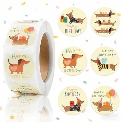 500 tờ/cuộn, Nhãn dán gói quà, Nhãn dán tròn hình chó Dachshund mừng sinh nhật, Nhãn dán chúc mừng sinh nhật màu vàng, Nhãn dán quà tặng, Đồ dùng tiệc sinh nhật, Trang trí tiệc mừng em bé, Quà tặng tiệc, Chúc mừng sinh nhật, Chúc mọi điều tốt đẹp nhất