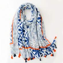 1条简约棉麻印花围巾，新款女士丝巾，春夏防晒沙滩披肩，时尚头巾，女士长款围巾披肩 - 彩色 - 查看 7