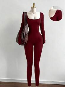 Black U-Neck Long Sleeve Jumpsuit, Suitable For Spring And Autumn Elegant - Burgundy - View 6