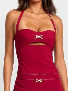 Women's Halter Neck Bustier Solid Color Cut-Out Backless Slim Fit Crop Camisole - Đỏ - Xem 1