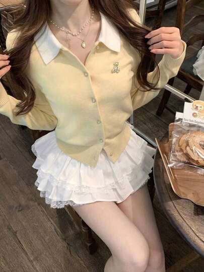 レディース ガーリー くま柄ニットカーディガン ショート丈 スリムトップス ミルクイエロー 可愛いデザイン 韓国風ファッション カジュアルコーデ 春秋冬人気アイテム