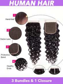 Tóc nối sóng nước 10A kèm khóa cài (16 18 20 +14) Tóc người Brazil nguyên chất, kiểu sóng nước, 3 bó kèm khóa cài ren 4x4 có tóc con, kiểu rẽ ngôi tự do 1B# Tóc nối sóng xoăn màu đen tự nhiên - Natural Black - Xem 1