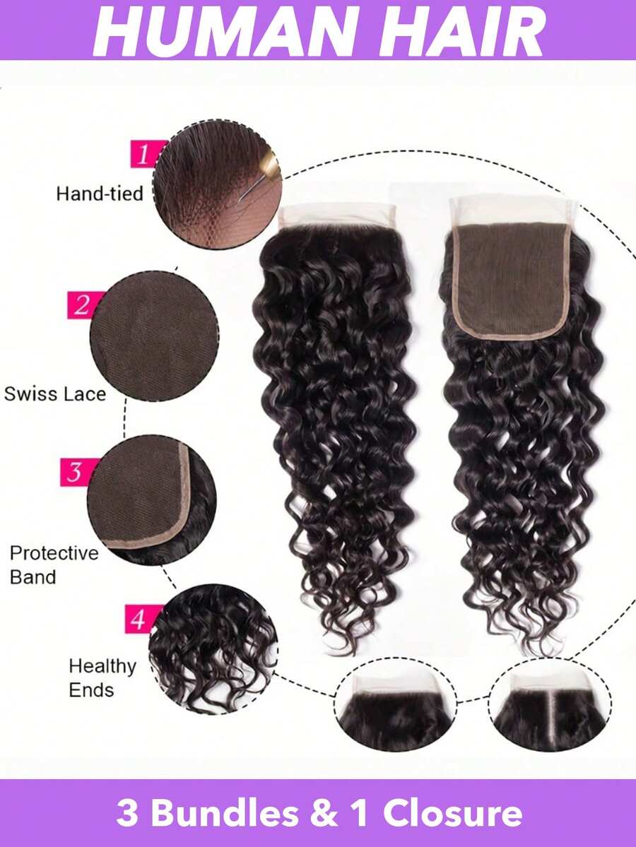 Tóc nối sóng nước 10A kèm khóa cài (16 18 20 +14) Tóc người Brazil nguyên chất, kiểu sóng nước, 3 bó kèm khóa cài ren 4x4 có tóc con, kiểu rẽ ngôi tự do 1B# Tóc nối sóng xoăn màu đen tự nhiên - Natural Black - Xem 1