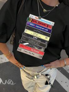 90s R&B Tape Print T-Shirt, Fall Clothes For Women, Crew Neck T-Shirt, Women's T-Shirt, Women's Sweatshirt, Short-Sleeved Top - màu đen - Xem 1