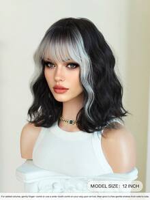 7JHH WIGS 女士短款波浪黑色波波头假发，带灰色刘海，12英寸短波浪卷发假发，自然合成发丝，耐热假发，适合日常角色扮演、音乐节派对等场合佩戴。 - 挑染灰色 - 查看 4