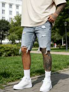 American Retro Ripped Frayed Denim Shorts, Men's Loose Straight Fit Five-Point Pants - Light Wash - View 1