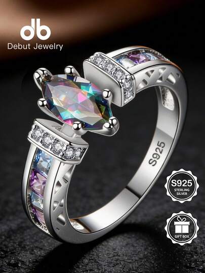 1枚S925纯银彩色合成锆石马眼形戒指，低过敏性，不含镍，反光，奢华高品质珠宝戒指，日常佩戴，附赠礼盒