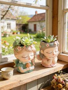 Elegant Resin Girl Succulent Pot With Delicate Floral Accents, Cute Cartoon Figurine Planter For Indoor Plants, Perfect For Boho Home Decor, Ideal For Displaying On Your Nightstand, Living Room Mantel, Or Balcony, A Unique And Charming Gift For Birthdays, Housewarmings, Or Plant Parent Celebrations, Combines Functional Planting With Whimsical Artistry - A - View 3