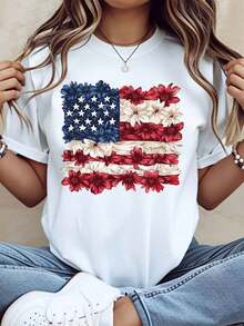 Floral American Flag Print T-Shirt Patriotic Design For Independence Day Celebration, 220g - trắng - Xem 1